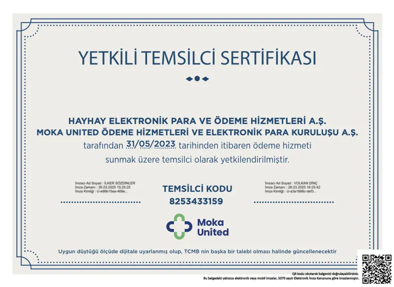 Moka United Ödeme Hizmetleri Yetkili Temsilci Kodu ve Sertifikası